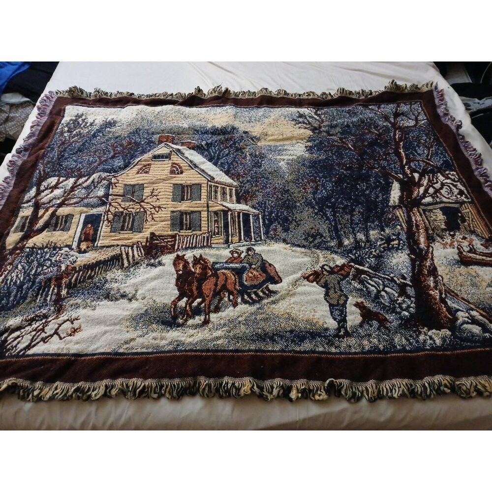Crown Crafts Winter Scene Sleigh Ride Farm House Throw Blanket Tapestry Vintage
